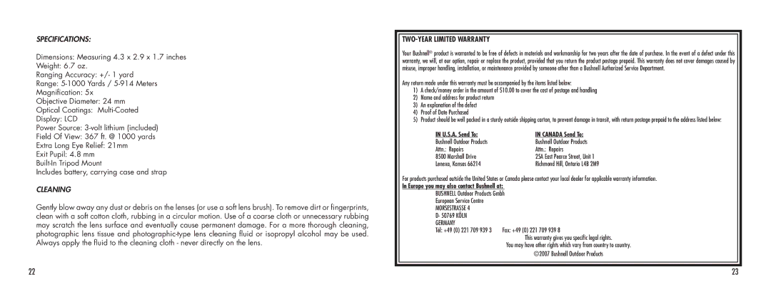 Bushnell SCOUT1000 manual Specifications, Cleaning 