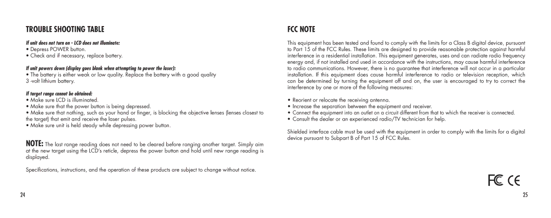 Bushnell SCOUT1000 manual If unit does not turn on LCD does not illuminate, If target range cannot be obtained 