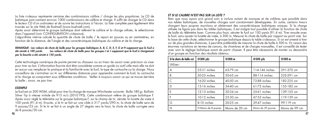 Bushnell SCOUT1000 manual Exemple, Et si le calibre n’est pas sur la liste ? 