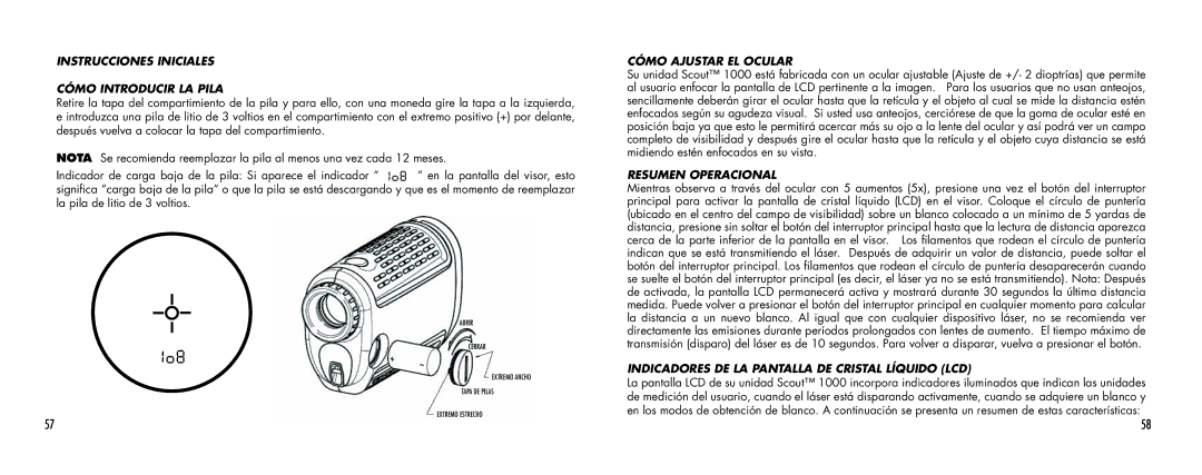 Bushnell SCOUT1000 manual Instrucciones Iniciales Cómo Introducir LA Pila, Cómo Ajustar EL Ocular, Resumen Operacional 