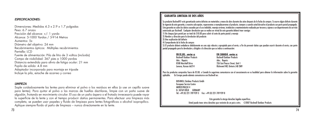 Bushnell SCOUT1000 manual Especificaciones, Limpieza 