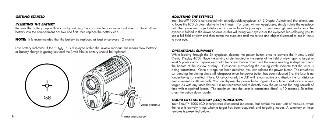 Bushnell SCOUT1000 manual Getting Started Inserting the Battery, Adjusting the Eyepiece, Operational Summary 