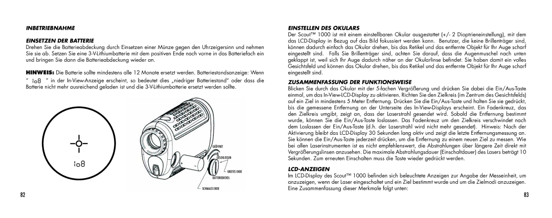 Bushnell SCOUT1000 manual Inbetriebnahme Einsetzen DER Batterie, Einstellen DES Okulars 