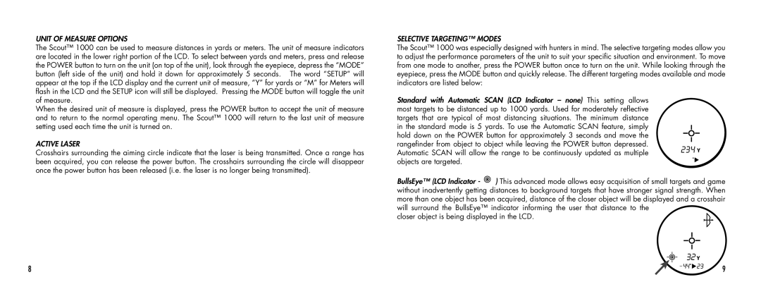 Bushnell SCOUT1000 manual Unit of Measure Options, Active Laser, Selective Targeting Modes 