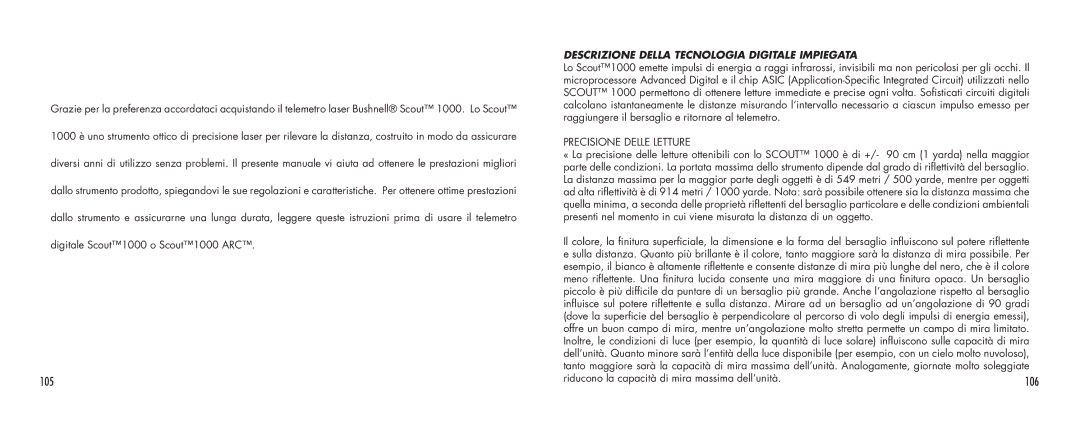 Bushnell SCOUT1000 manual 105, 106, Descrizione Della Tecnologia Digitale Impiegata 