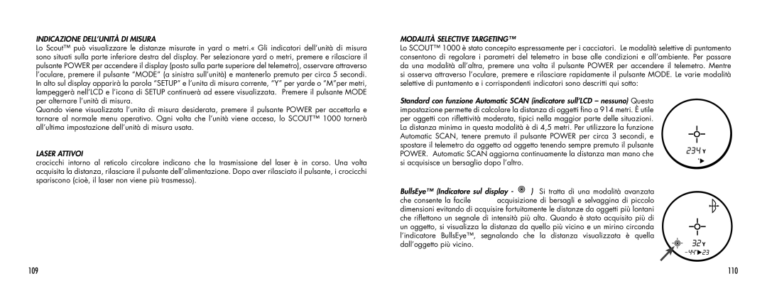Bushnell SCOUT1000 manual 110, Indicazione DELL’UNITÀ DI Misura, Laser Attivoi, Modalità Selective Targeting 