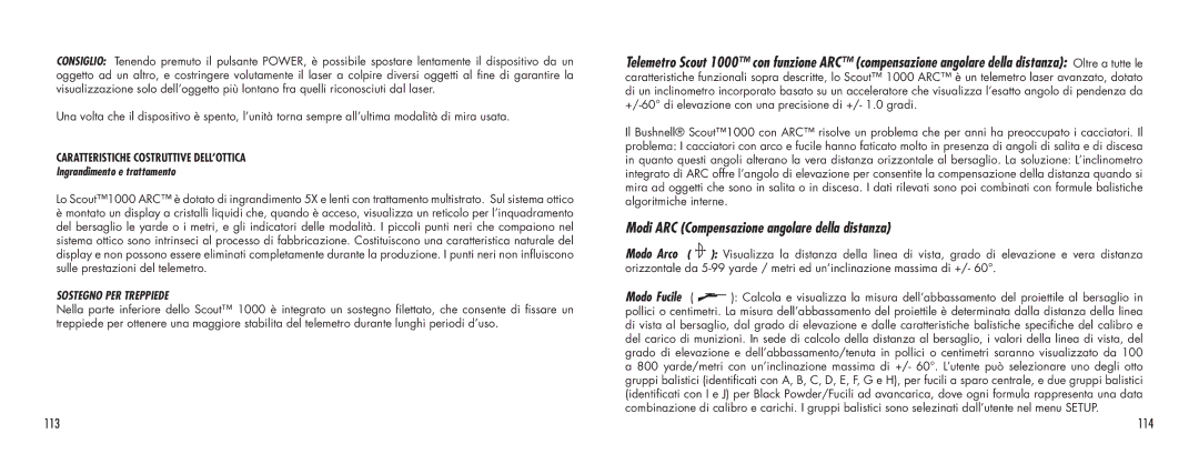 Bushnell SCOUT1000 manual 113, 114, Ingrandimento e trattamento, Sostegno PER Treppiede 