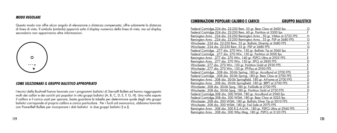 Bushnell SCOUT1000 manual Come Selezionare IL Gruppo Balistico Appropriato, 120 