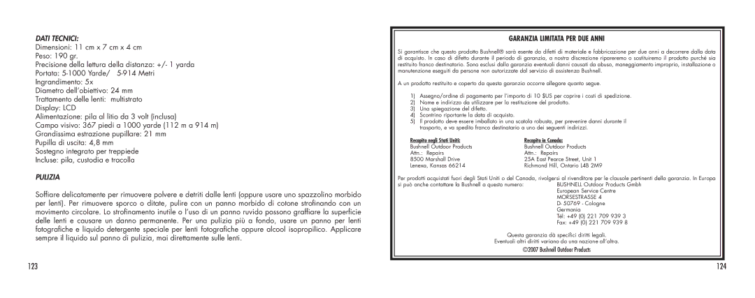 Bushnell SCOUT1000 manual 124, Dati Tecnici, Pulizia 