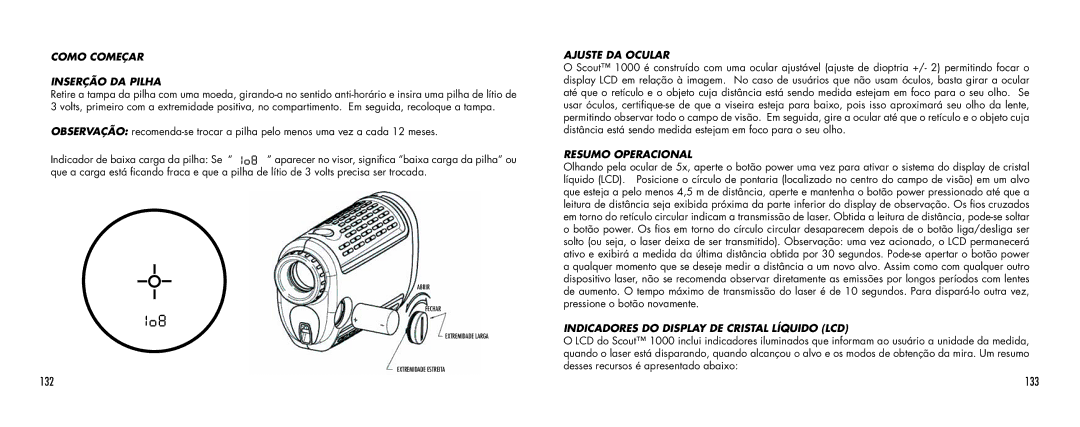 Bushnell SCOUT1000 manual 133, Como Começar Inserção DA Pilha, Ajuste DA Ocular, Resumo Operacional 