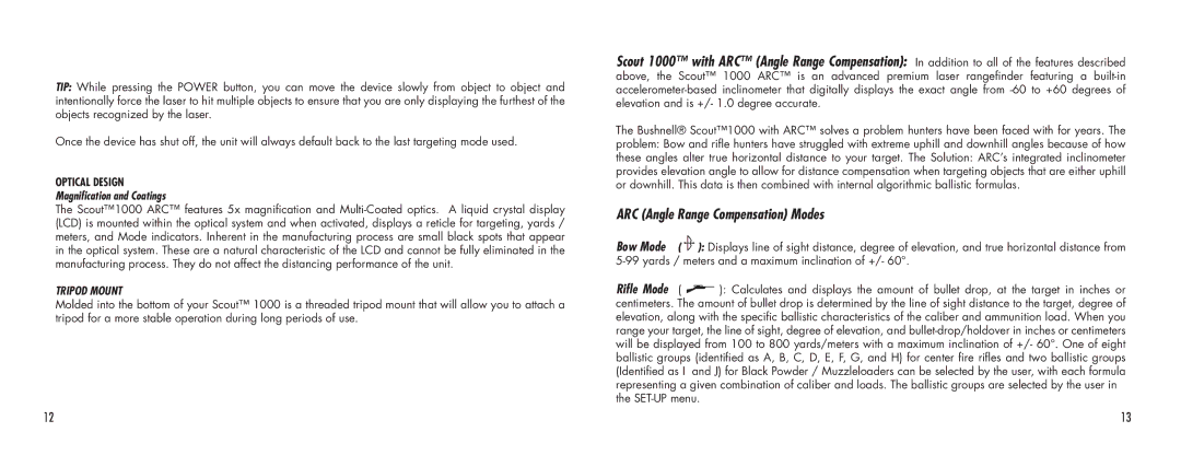 Bushnell SCOUT1000 manual Magnification and Coatings, Tripod Mount 