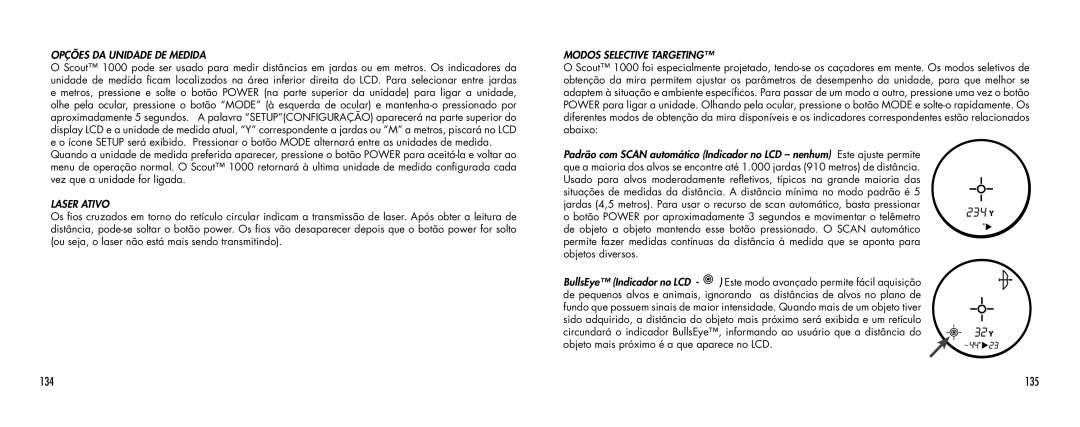 Bushnell SCOUT1000 manual 135, Opções DA Unidade DE Medida, Laser Ativo, Modos Selective Targeting 