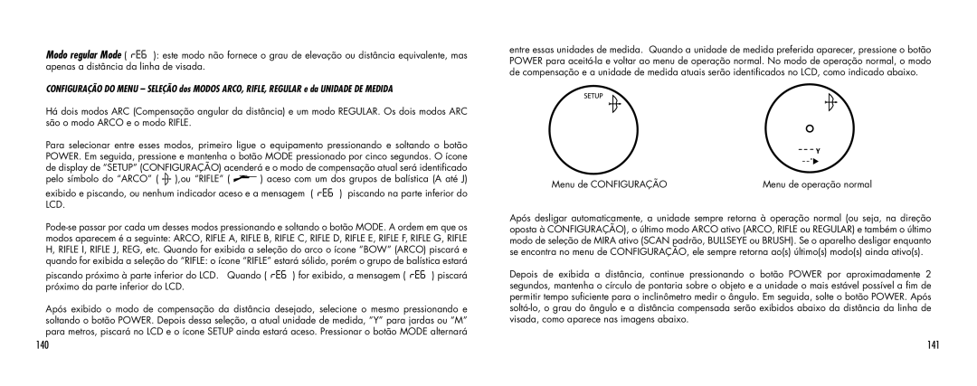 Bushnell SCOUT1000 manual 141, Menu de Configuração Menu de operação normal 