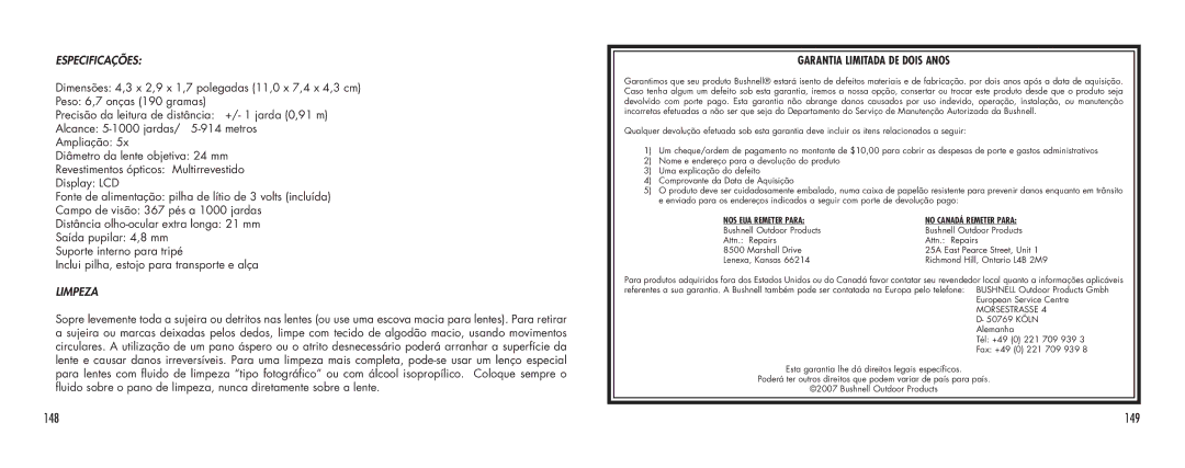 Bushnell SCOUT1000 manual 149, Especificações, Limpeza 