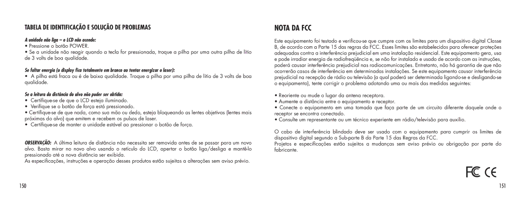 Bushnell SCOUT1000 manual 151, Unidade não liga o LCD não acende, Se a leitura da distância do alvo não puder ser obtida 