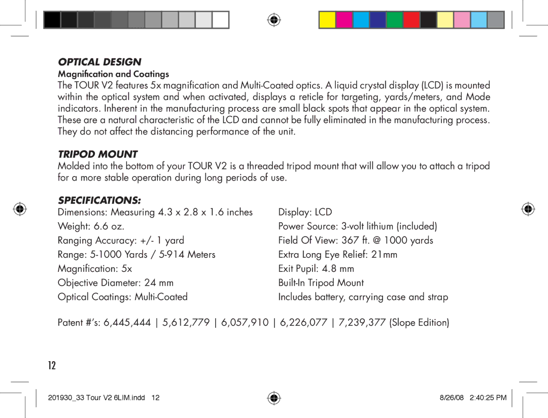 Bushnell Tour V2 manual Optical Design, Tripod Mount, Specifications 