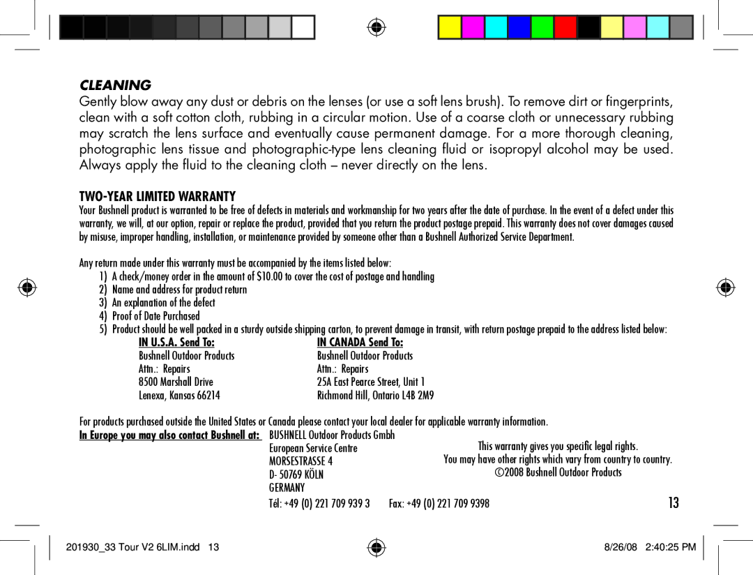 Bushnell Tour V2 manual Cleaning, TWO-Year Limited Warranty 