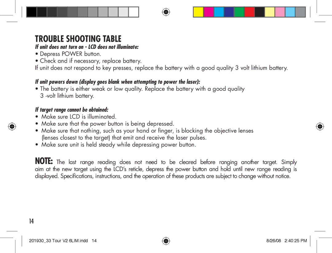 Bushnell Tour V2 manual If unit does not turn on LCD does not illuminate, If target range cannot be obtained 