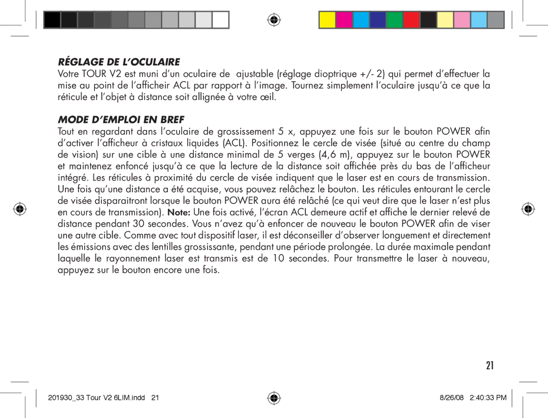 Bushnell Tour V2 manual Réglage DE L’OCULAIRE, Mode D’EMPLOI EN Bref 