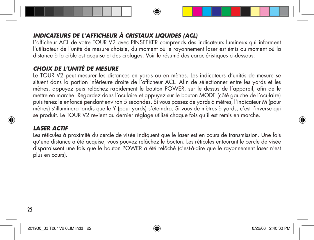 Bushnell Tour V2 manual Indicateurs DE L’AFFICHEUR À Cristaux Liquides ACL, Choix DE L’UNITÉ DE Mesure, Laser Actif 