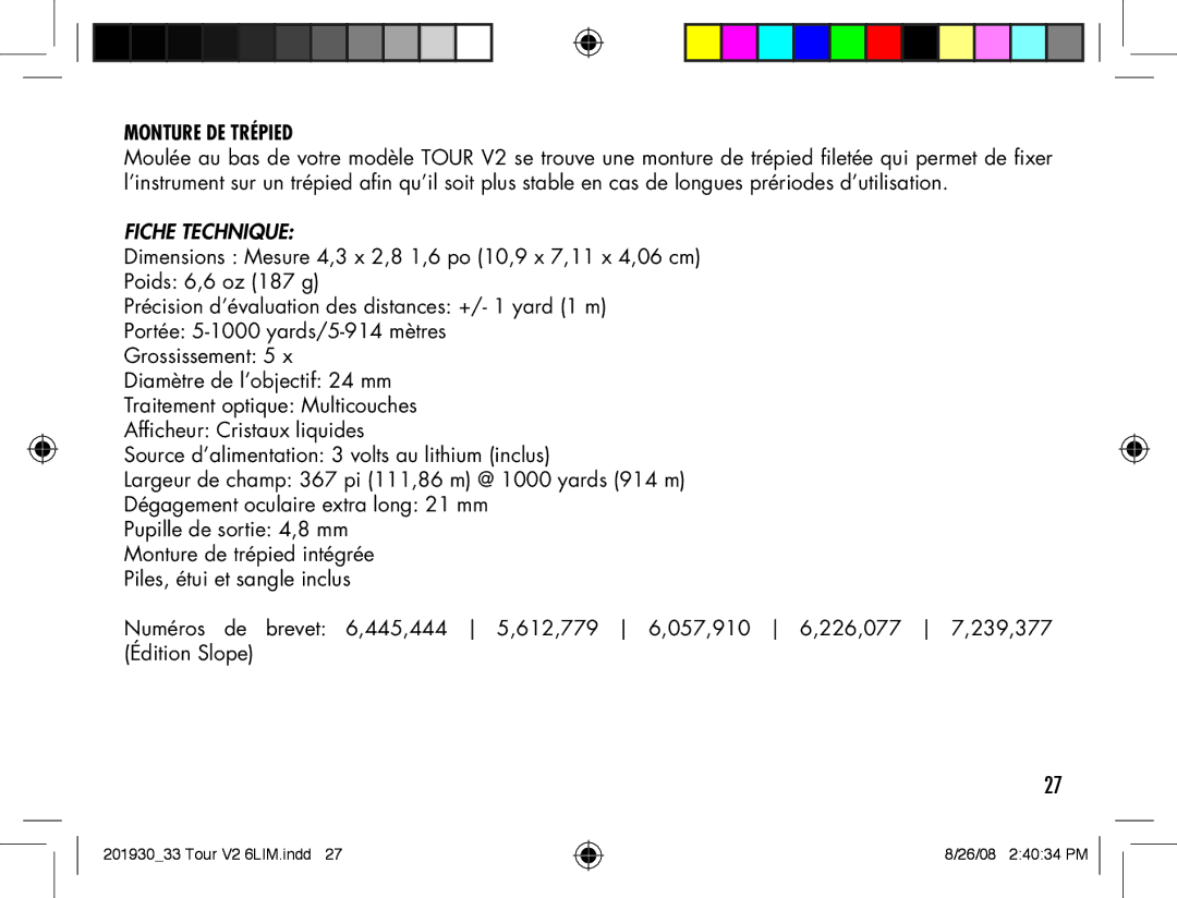 Bushnell Tour V2 manual Monture DE Trépied, Fiche Technique 