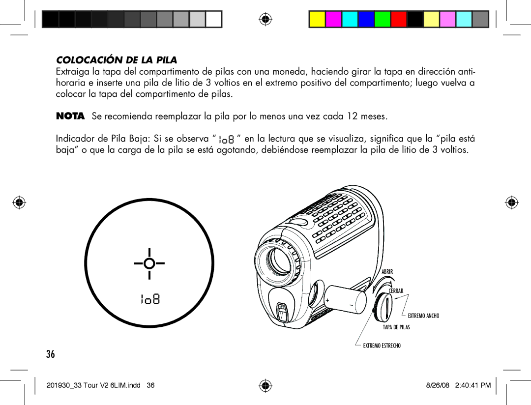 Bushnell Tour V2 manual Colocación DE LA Pila 