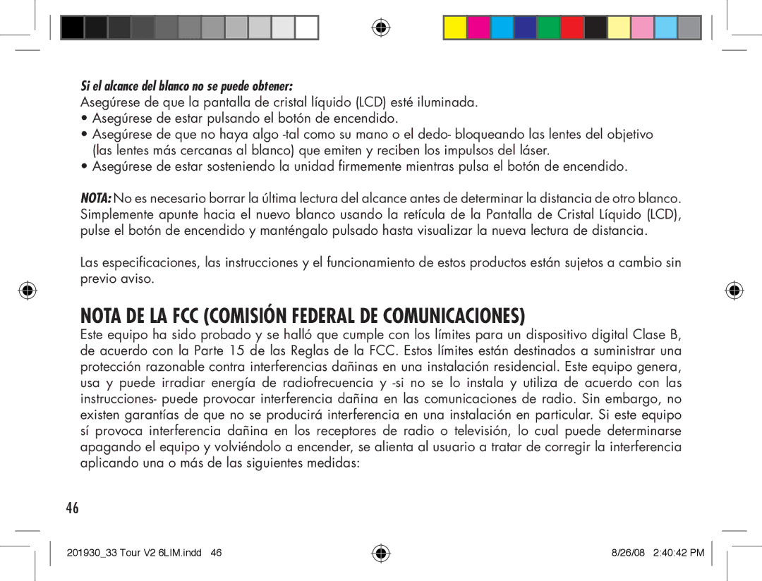 Bushnell Tour V2 manual Nota DE LA FCC Comisión Federal DE Comunicaciones, Si el alcance del blanco no se puede obtener 