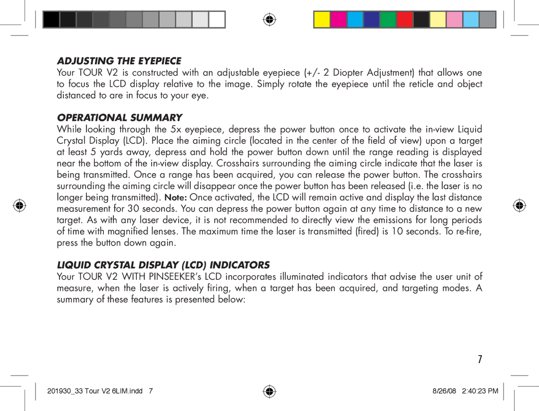 Bushnell Tour V2 manual Adjusting the Eyepiece, Operational Summary, Liquid Crystal Display LCD Indicators 