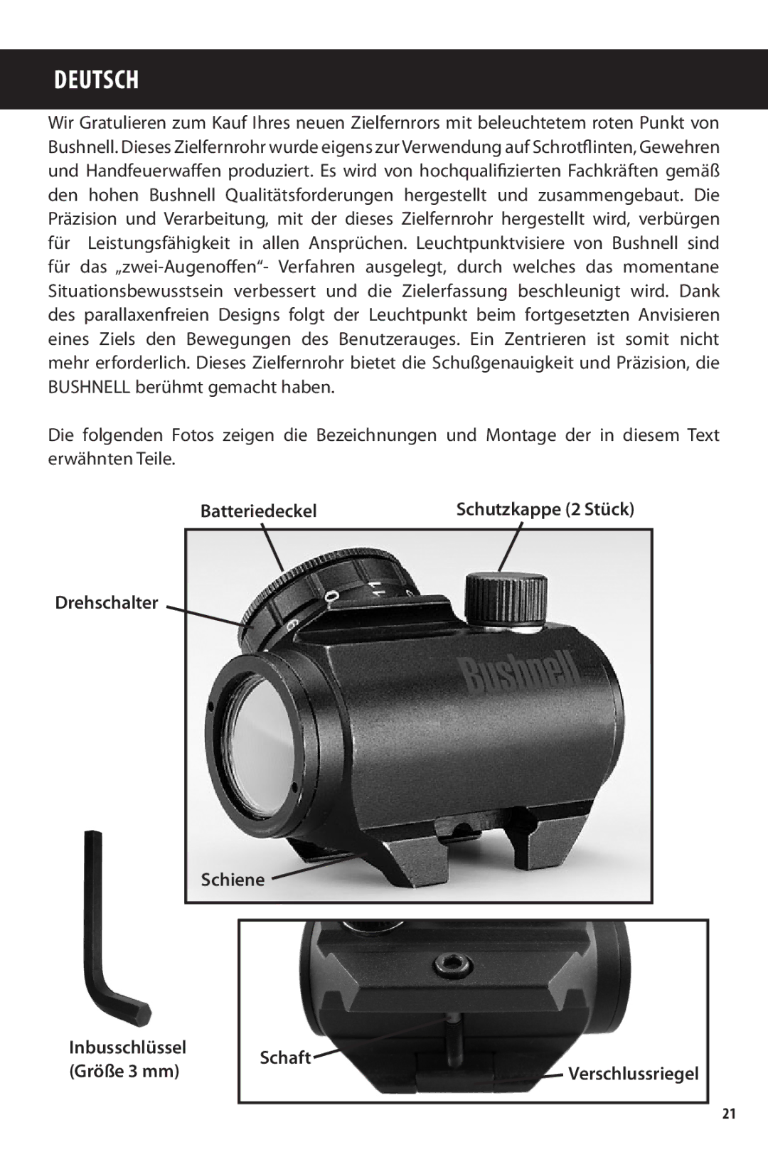 Bushnell TRS-25 owner manual Batteriedeckel, Drehschalter Schiene Inbusschlüssel Schaft Größe 3 mm 