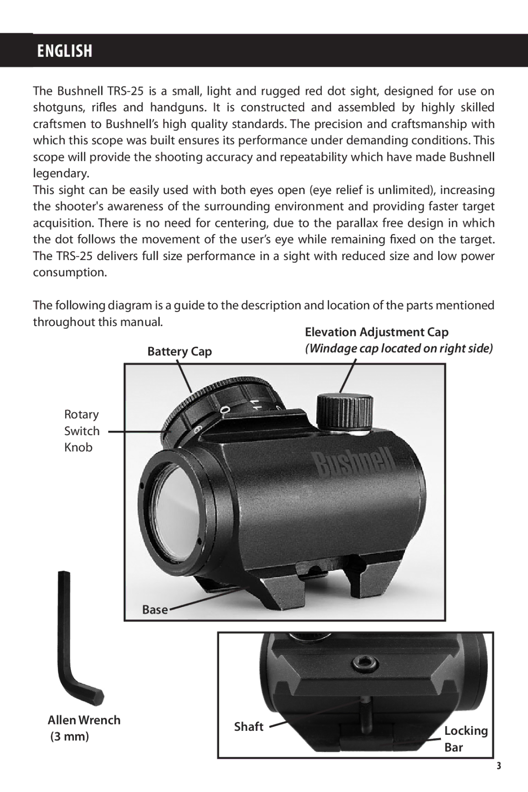 Bushnell TRS-25 owner manual Battery Cap, Base Allen Wrench Shaft, Bar 