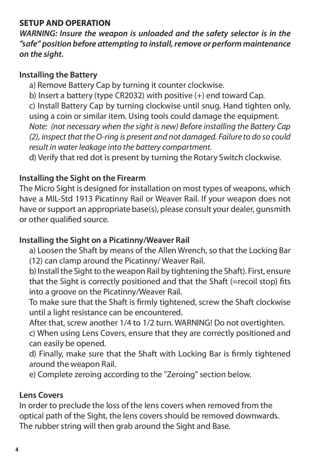 Bushnell TRS-25 owner manual Setup and Operation, Installing the Battery, Installing the Sight on the Firearm, Lens Covers 