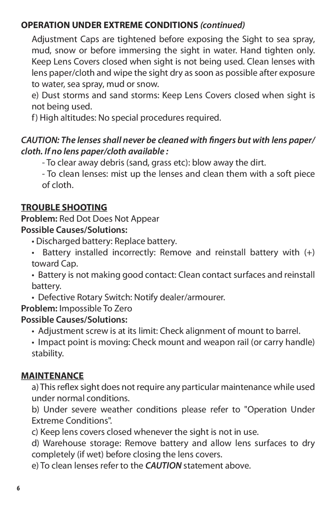 Bushnell TRS-25 owner manual Operation Under Extreme Conditions, Trouble Shooting, Possible Causes/Solutions, Maintenance 