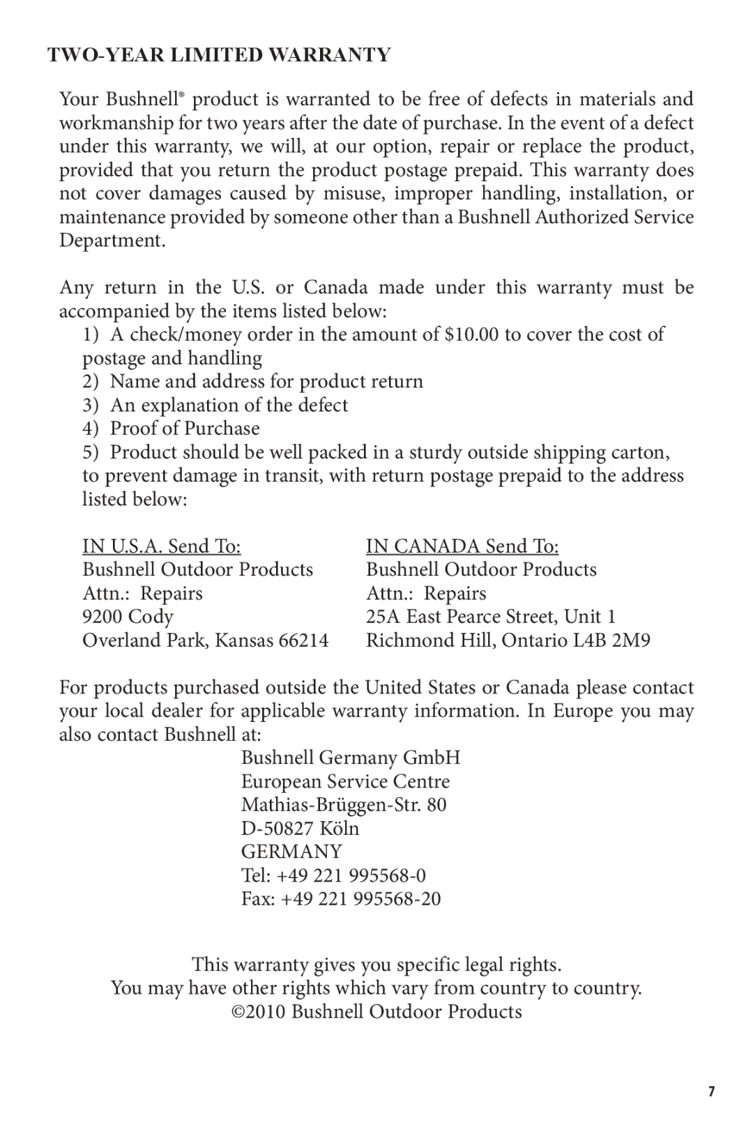 Bushnell TRS-25 owner manual TWO-YEAR Limited Warranty 