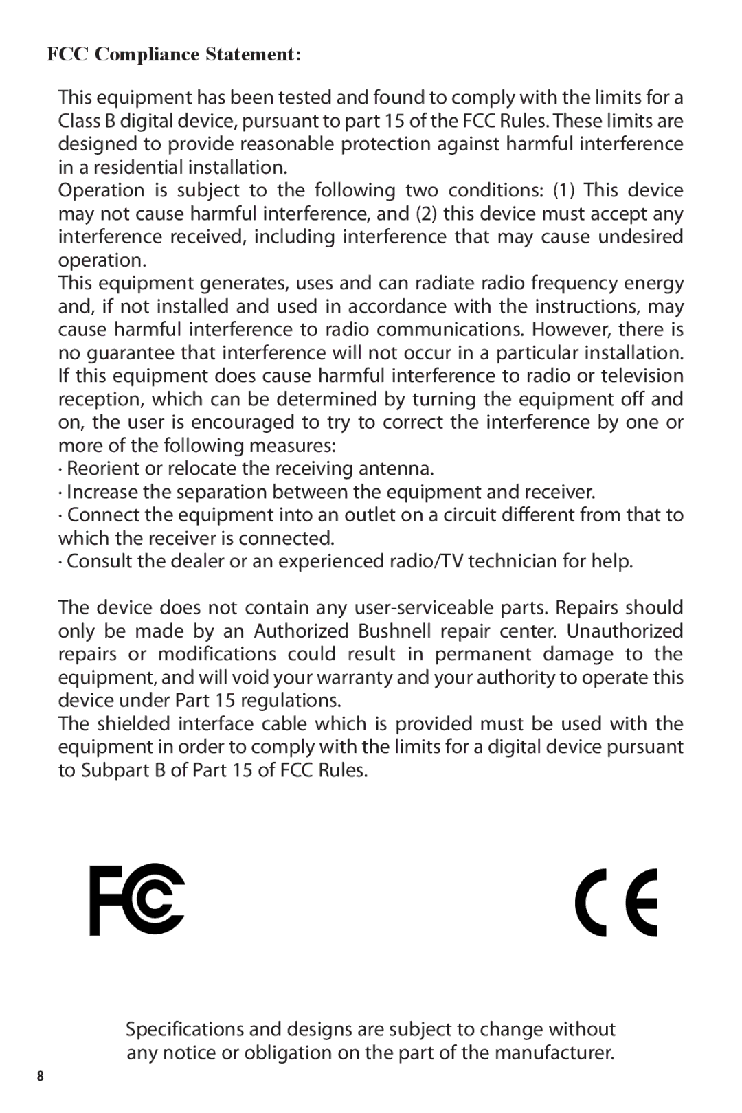 Bushnell TRS-25 owner manual FCC Compliance Statement 