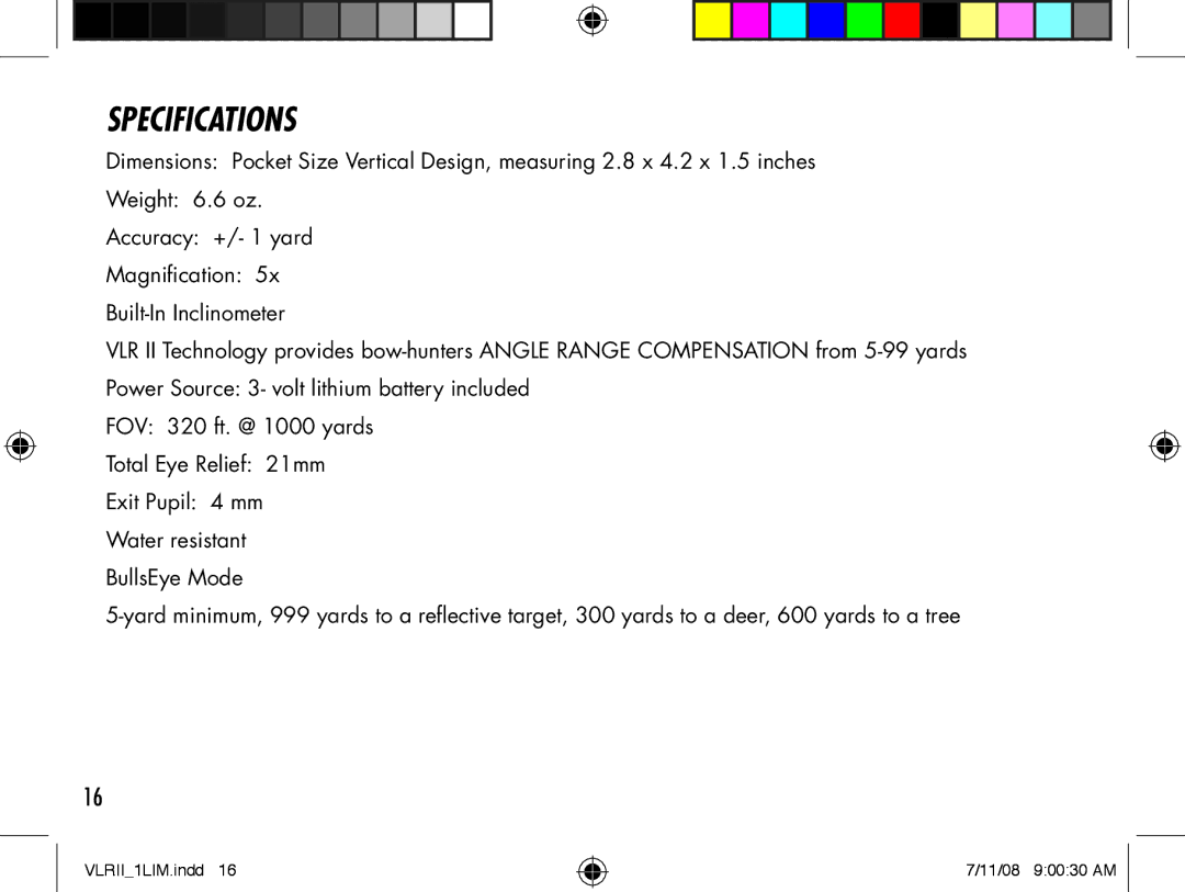 Bushnell VLR II manual Specifications 