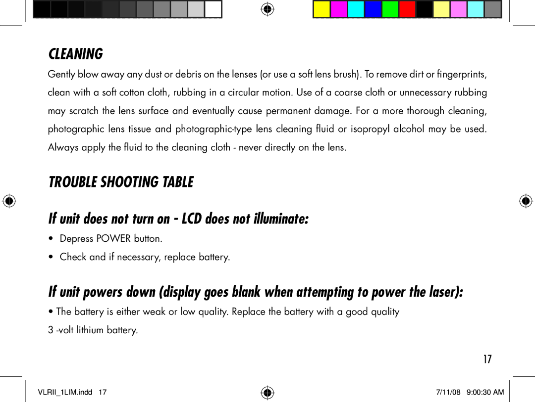 Bushnell VLR II manual Cleaning, Trouble Shooting Table, If unit does not turn on LCD does not illuminate 