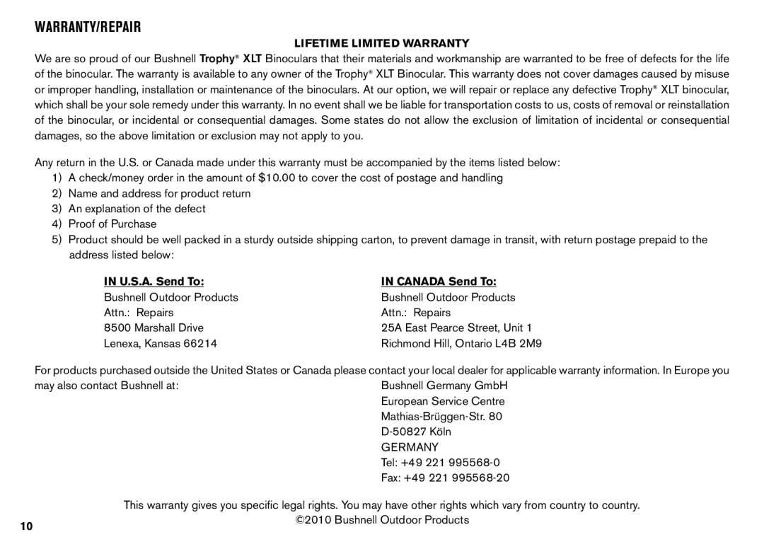 Bushnell XLT instruction manual Warranty/Repair 