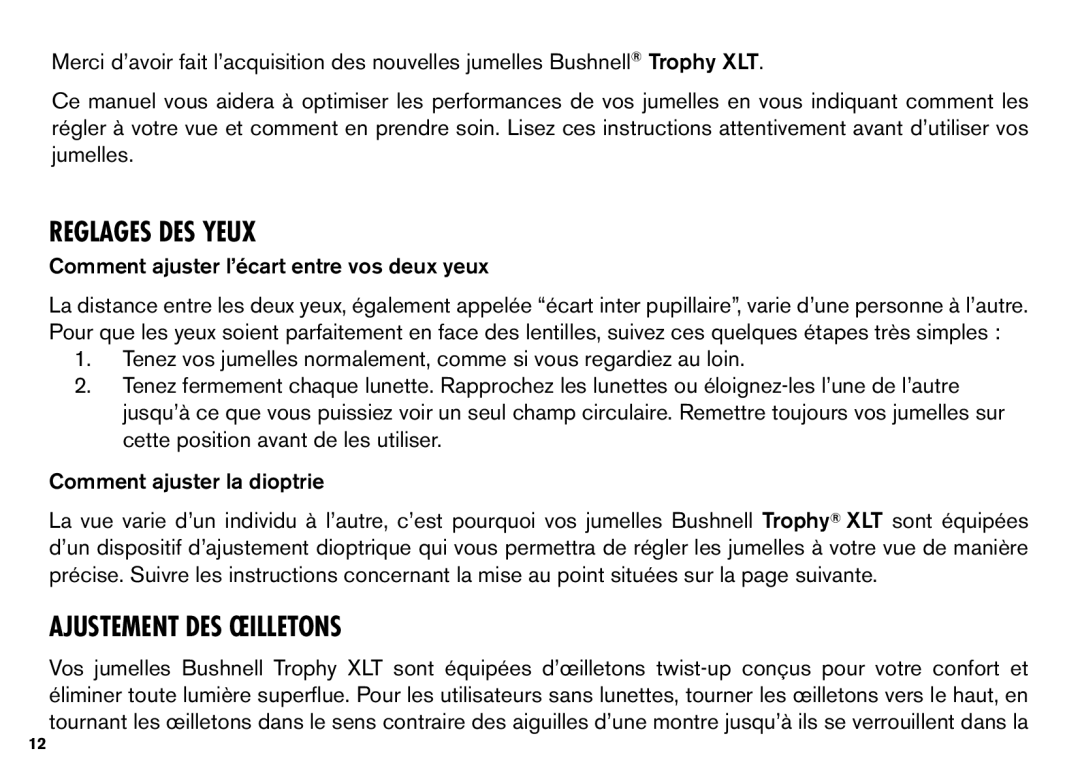 Bushnell XLT instruction manual Reglages DES Yeux, Ajustement DES Œilletons 