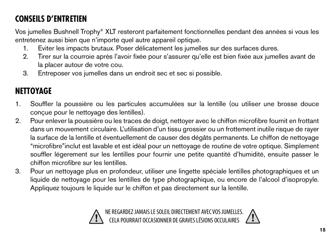 Bushnell XLT instruction manual Conseils D’ENTRETIEN, Nettoyage 