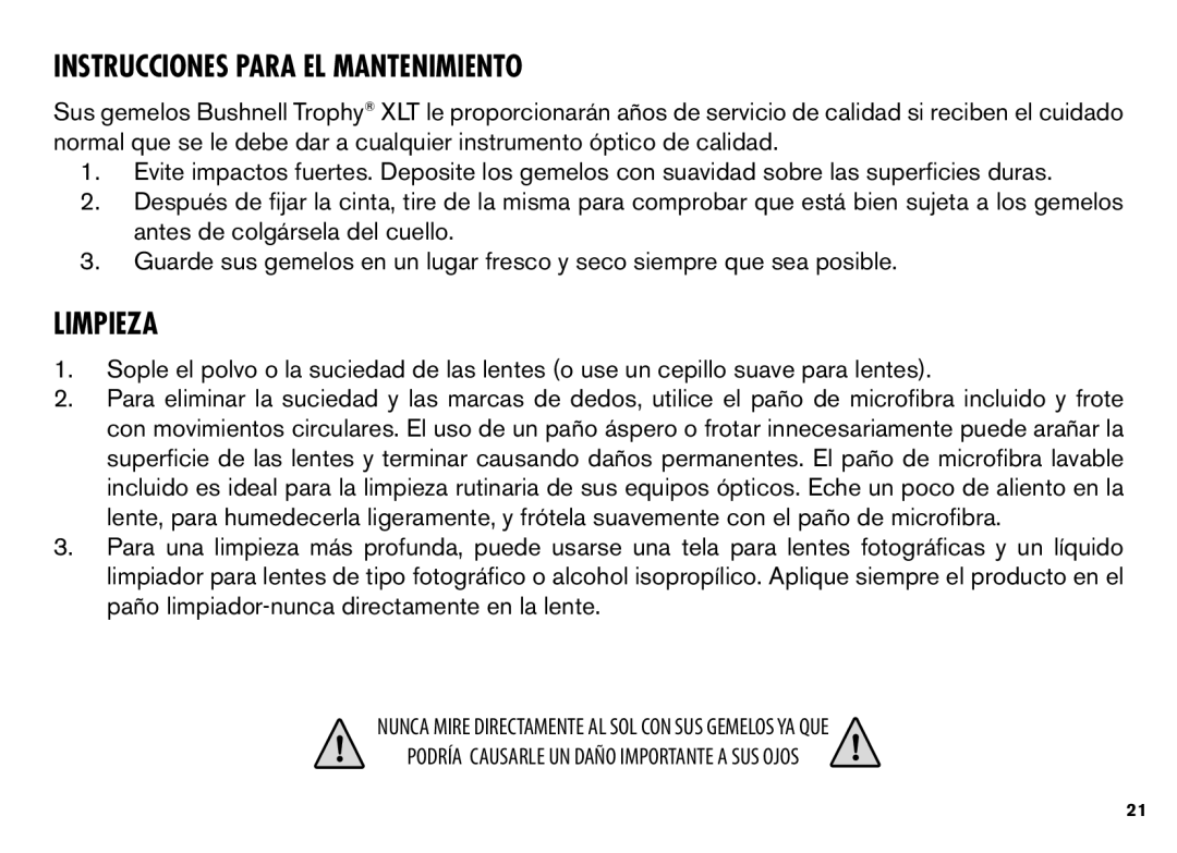 Bushnell XLT instruction manual Instrucciones Para EL Mantenimiento, Limpieza 