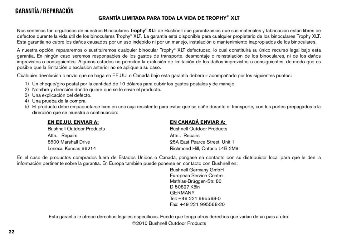 Bushnell XLT instruction manual Garantía / Reparación 