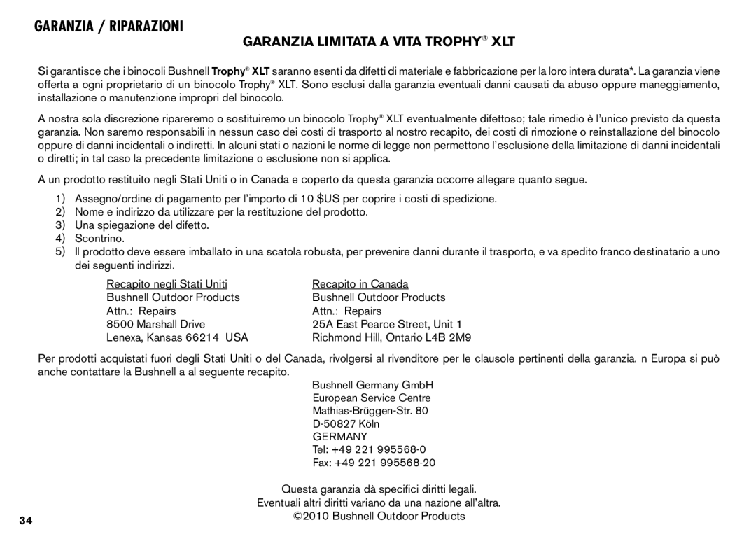 Bushnell XLT instruction manual Garanzia / Riparazioni 