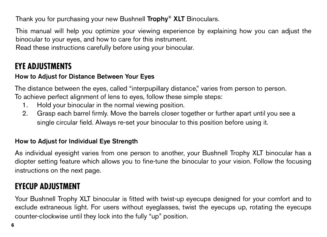 Bushnell XLT instruction manual EYE Adjustments, Eyecup Adjustment 