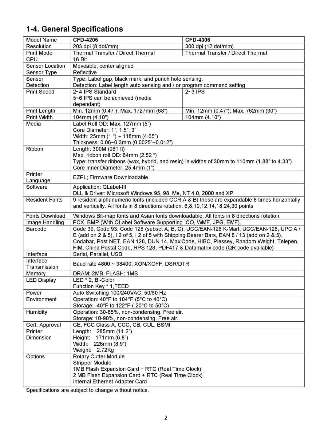 BUSlink FALCON 4D manual General Specifications, CFD-4206 CFD-4306 