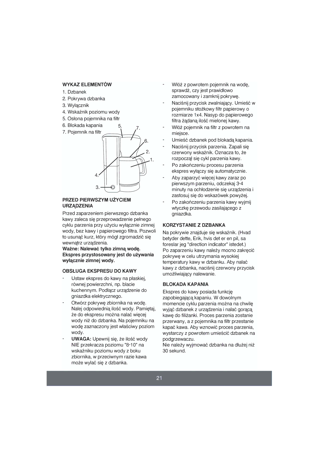 Butler 645-056 manual Wykaz Elementów, Przed Pierwszym U˚YCIEM Urzñdzenia, OBS¸UGA Ekspresu do Kawy, Korzystanie Z Dzbanka 