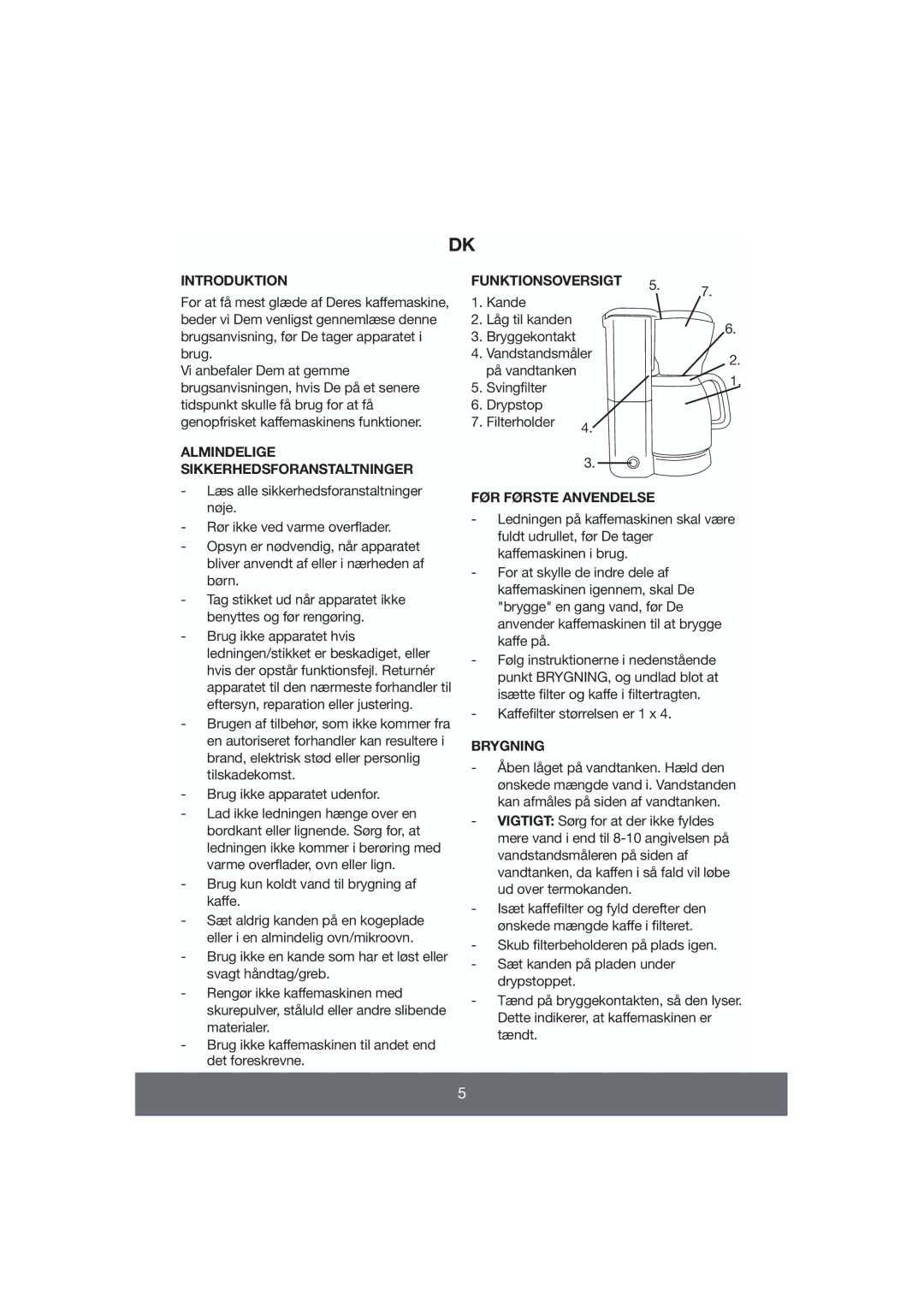 Butler 645-056 Introduktion, Almindelige Sikkerhedsforanstaltninger, Funktionsoversigt, FØR Første Anvendelse, Brygning 