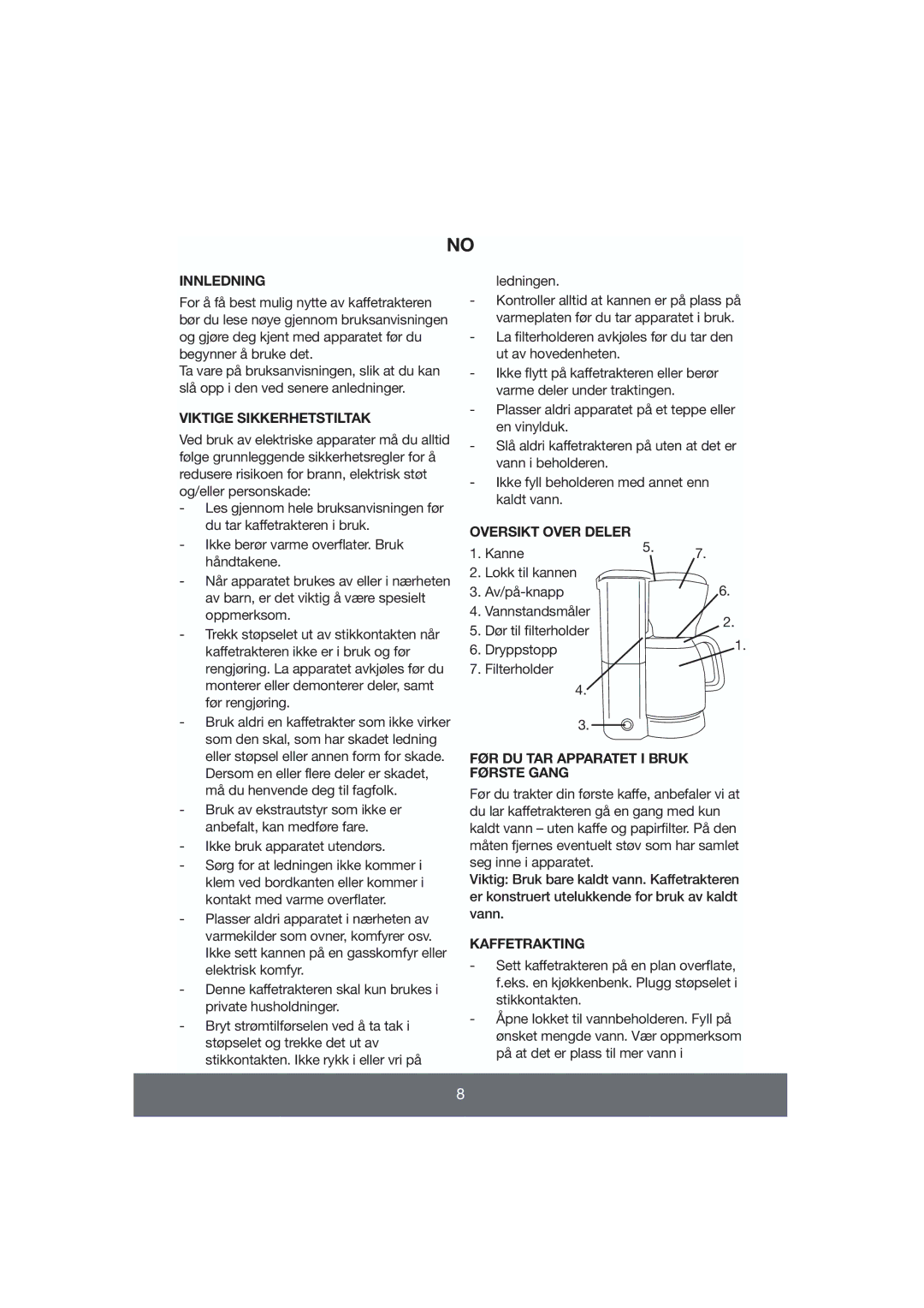 Butler 645-056 manual Innledning, Viktige Sikkerhetstiltak, Oversikt Over Deler, FØR DU TAR Apparatet I Bruk Første Gang 