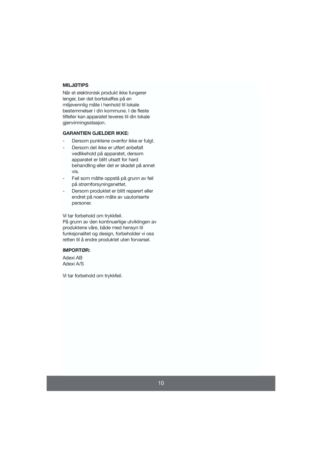 Butler 645-056 manual Garantien Gjelder Ikke, Miljøtips, Importør 