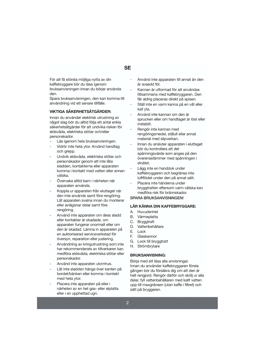 Butler 645-060 manual Viktiga Säkerhetsåtgärder, LÄR Känna DIN Kaffebryggare, Bruksanvisning 