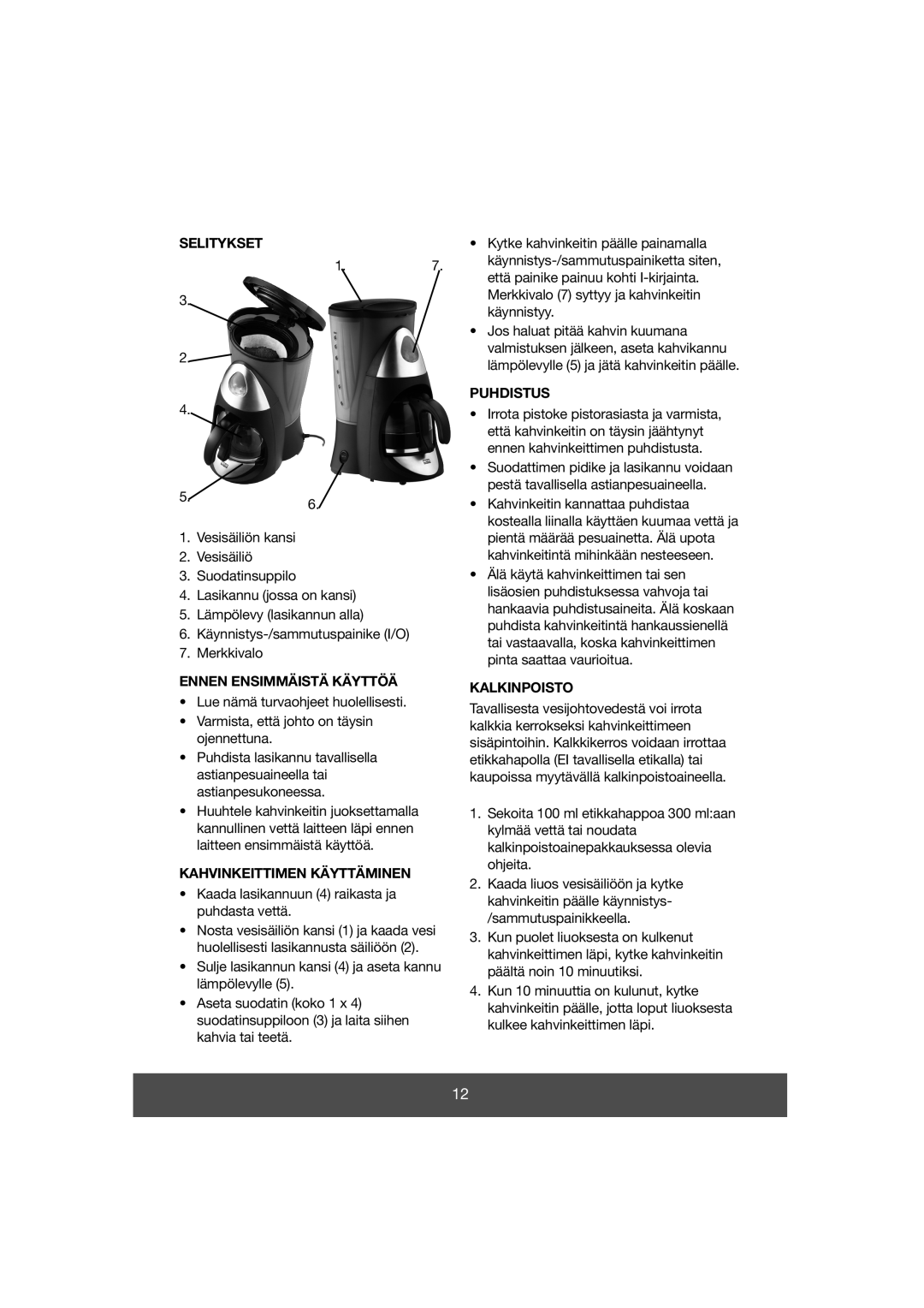 Butler 645-061 manual Selitykset, Ennen Ensimmäistä Käyttöä, Kahvinkeittimen Käyttäminen, Puhdistus, Kalkinpoisto 